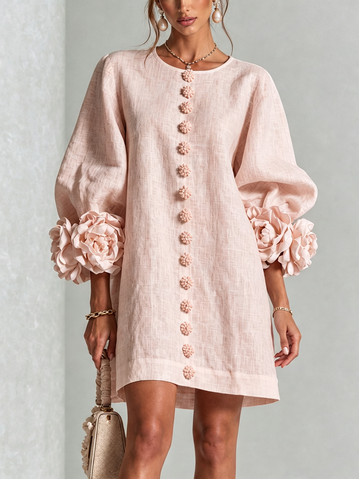 Aurora Floral-Cuff Button Mini Dress with Volume Sleeves