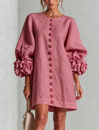 Aurora Floral-Cuff Button Mini Dress with Volume Sleeves