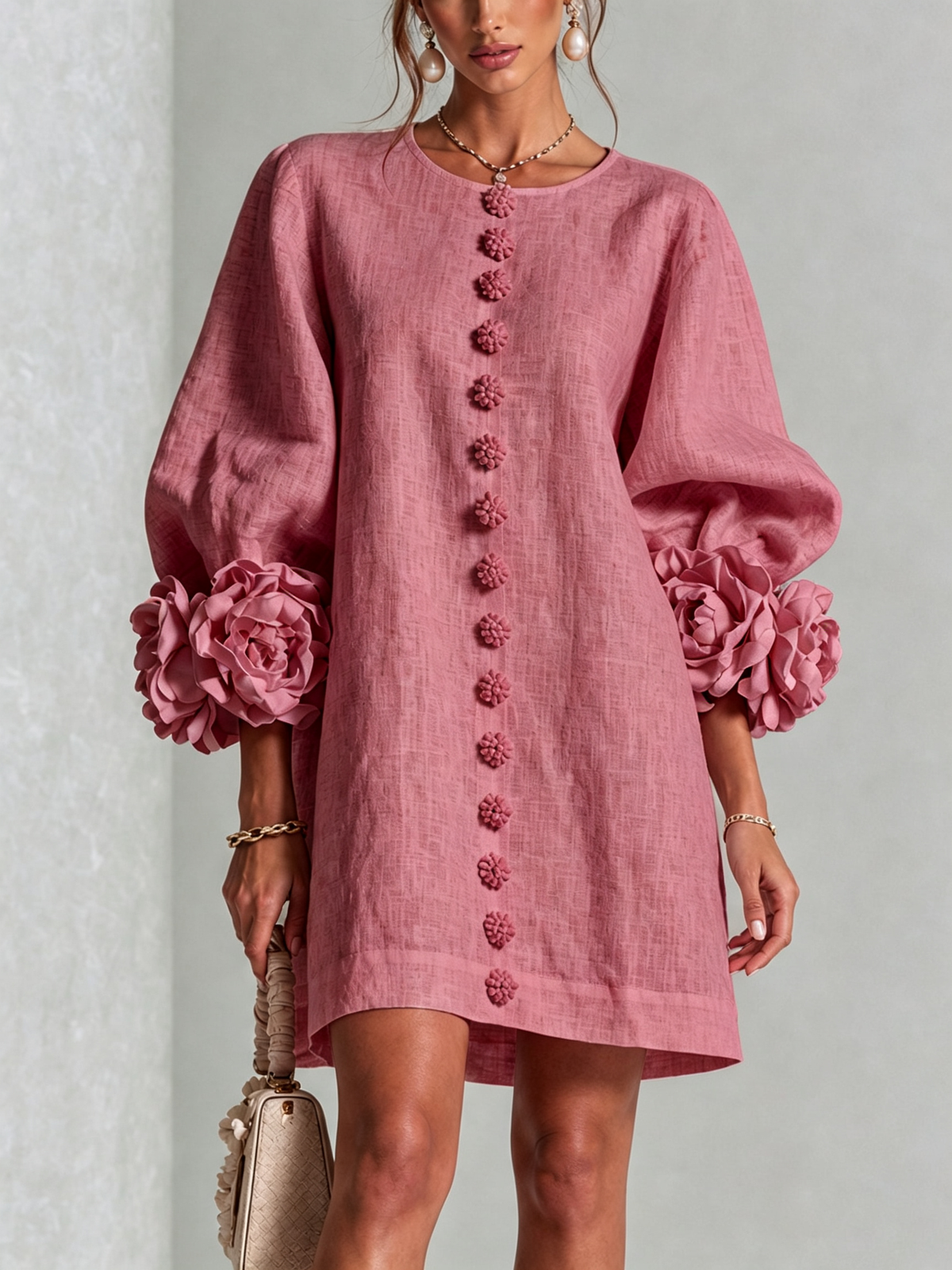 Aurora Floral-Cuff Button Mini Dress with Volume Sleeves