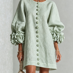 Aurora Floral-Cuff Button Mini Dress with Volume Sleeves