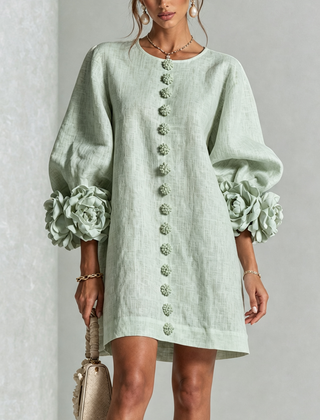 Aurora Floral-Cuff Button Mini Dress with Volume Sleeves