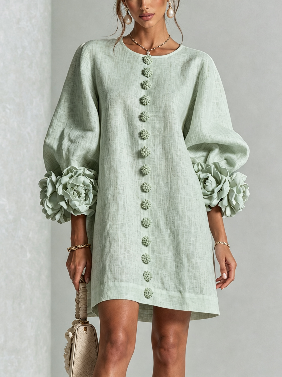 Aurora Floral-Cuff Button Mini Dress with Volume Sleeves