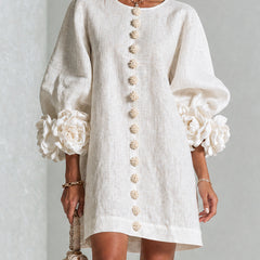 Aurora Floral-Cuff Button Mini Dress with Volume Sleeves
