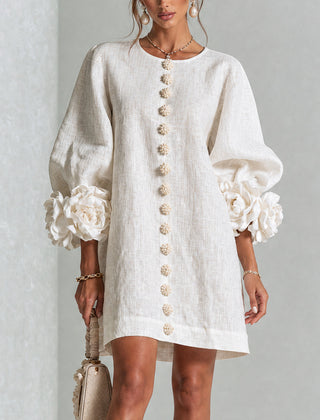 Aurora Floral-Cuff Button Mini Dress with Volume Sleeves
