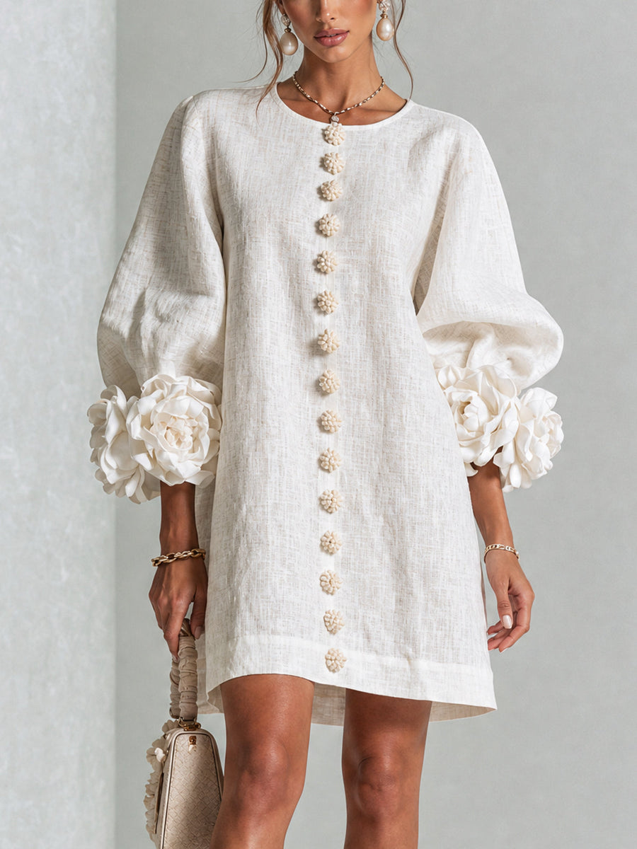 Aurora Floral-Cuff Button Mini Dress with Volume Sleeves