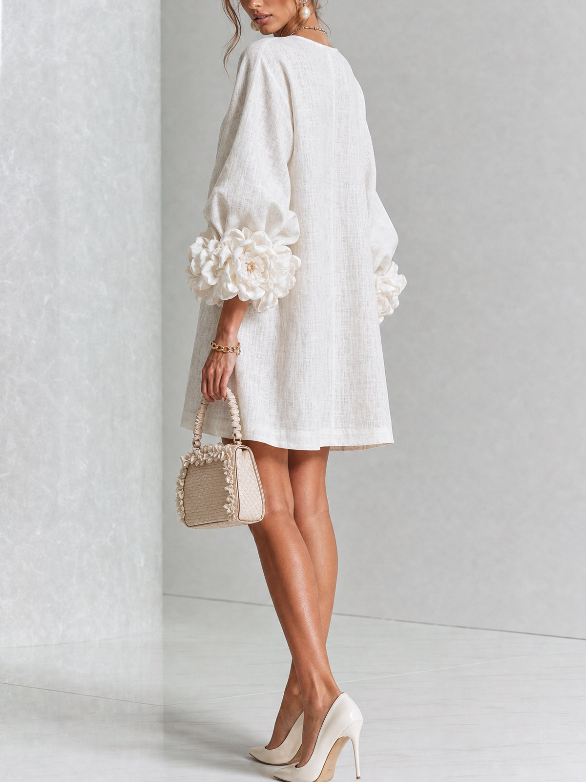 Aurora Floral-Cuff Button Mini Dress with Volume Sleeves