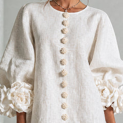 Aurora Floral-Cuff Button Mini Dress with Volume Sleeves