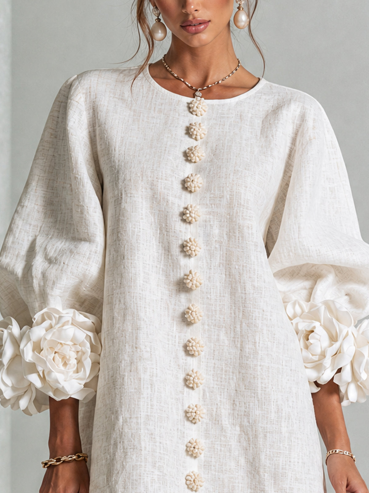 Aurora Floral-Cuff Button Mini Dress with Volume Sleeves