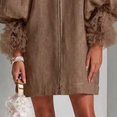 Rebecca Zip-Front Balloon Sleeve Mini Dress