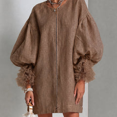 Rebecca Zip-Front Balloon Sleeve Mini Dress