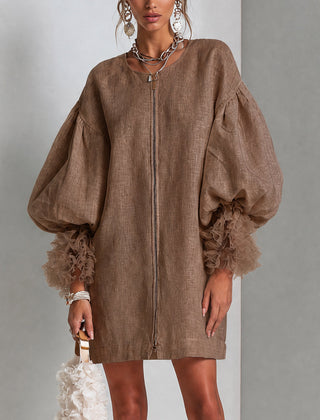 Rebecca Zip-Front Balloon Sleeve Mini Dress