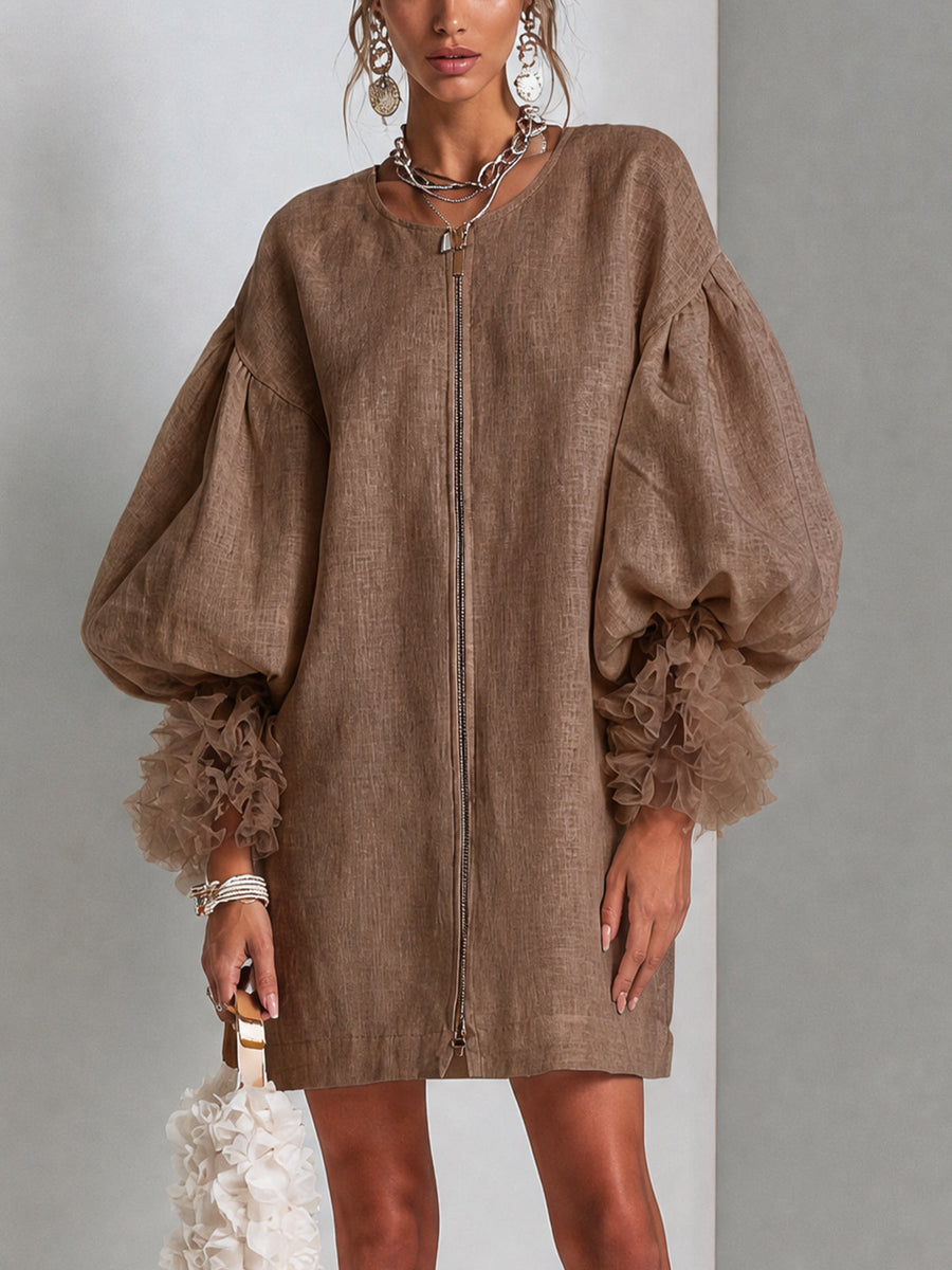 Rebecca Zip-Front Balloon Sleeve Mini Dress