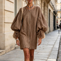 Rebecca Zip-Front Balloon Sleeve Mini Dress