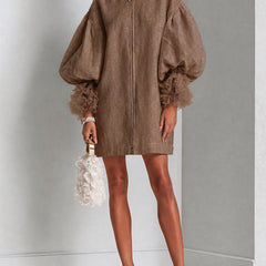 Rebecca Zip-Front Balloon Sleeve Mini Dress
