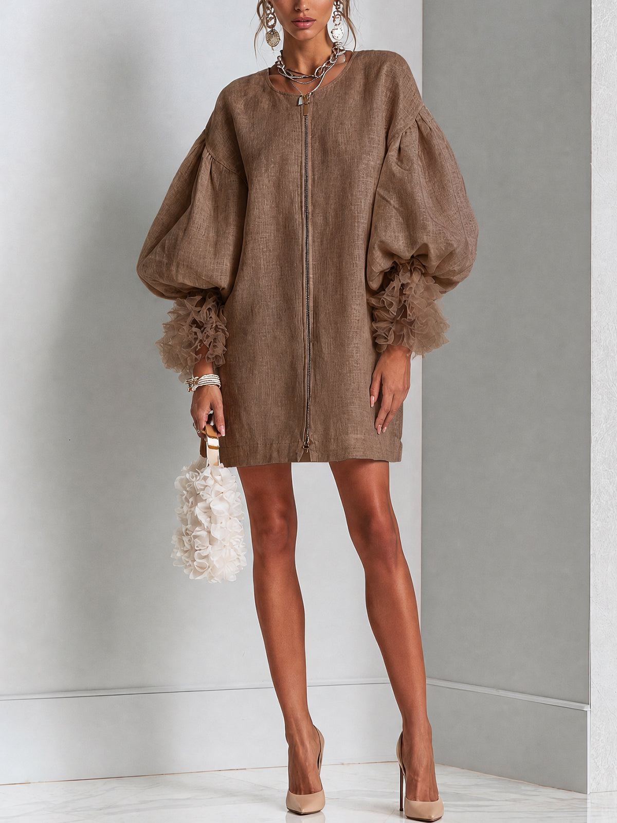 Rebecca Zip-Front Balloon Sleeve Mini Dress