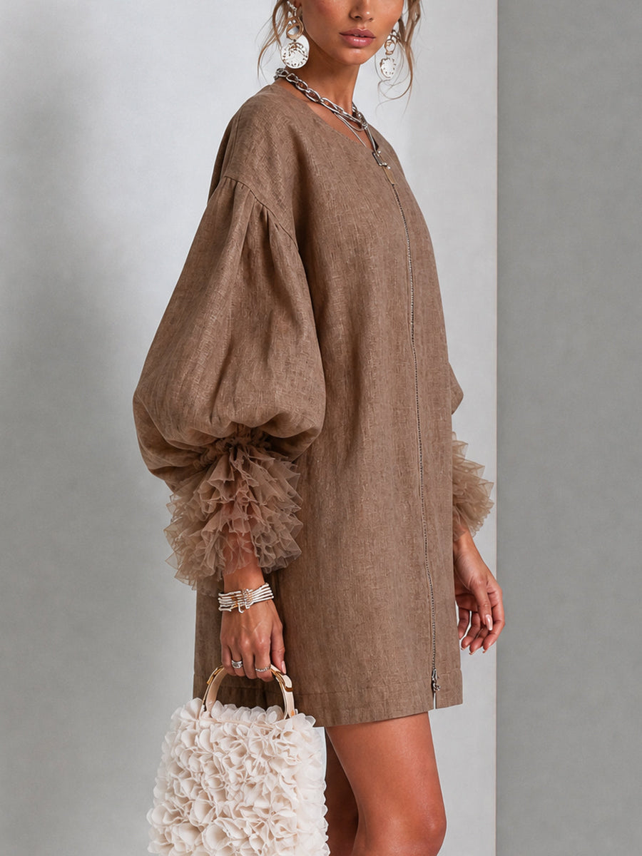 Rebecca Zip-Front Balloon Sleeve Mini Dress