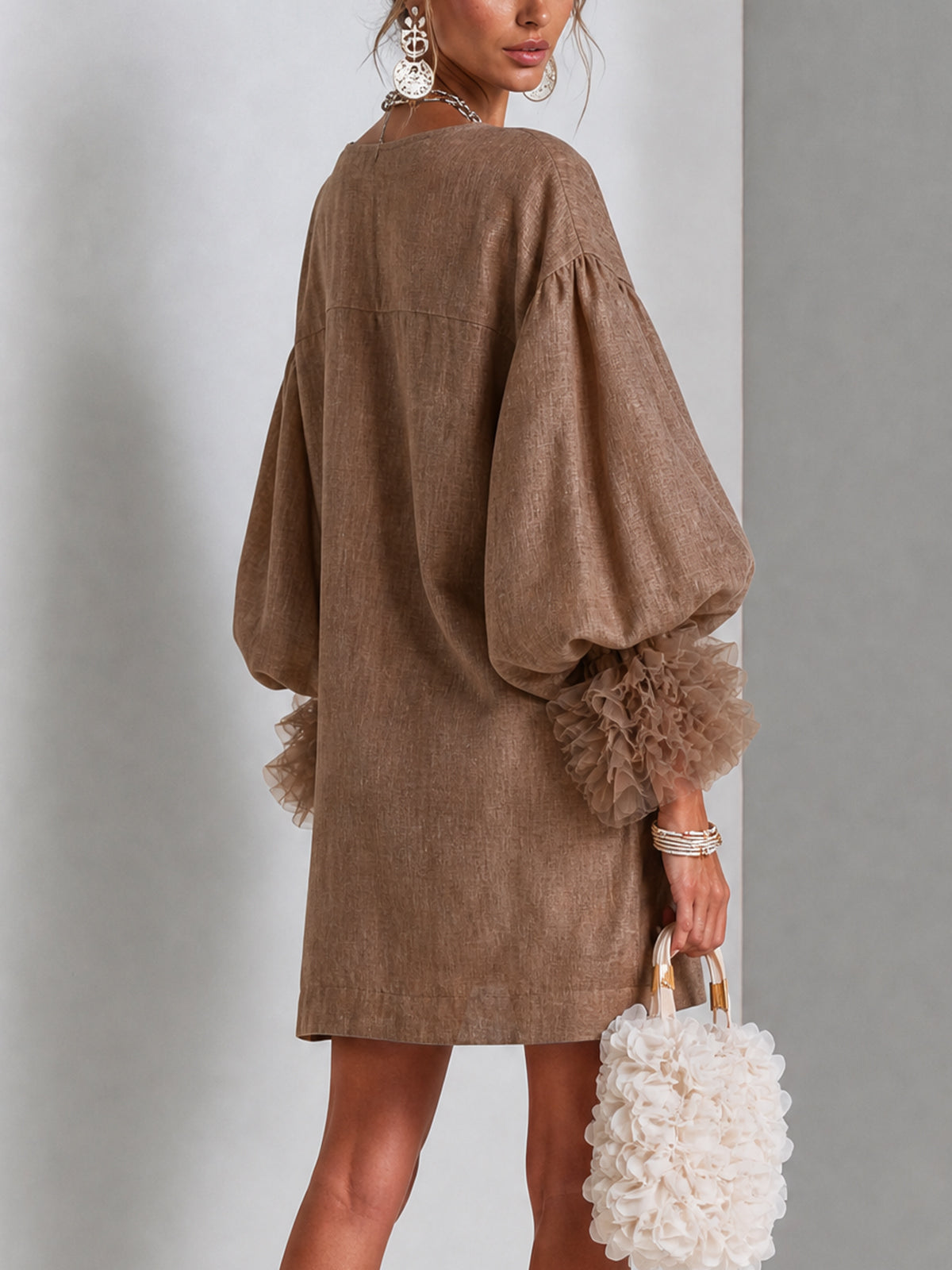 Rebecca Zip-Front Balloon Sleeve Mini Dress