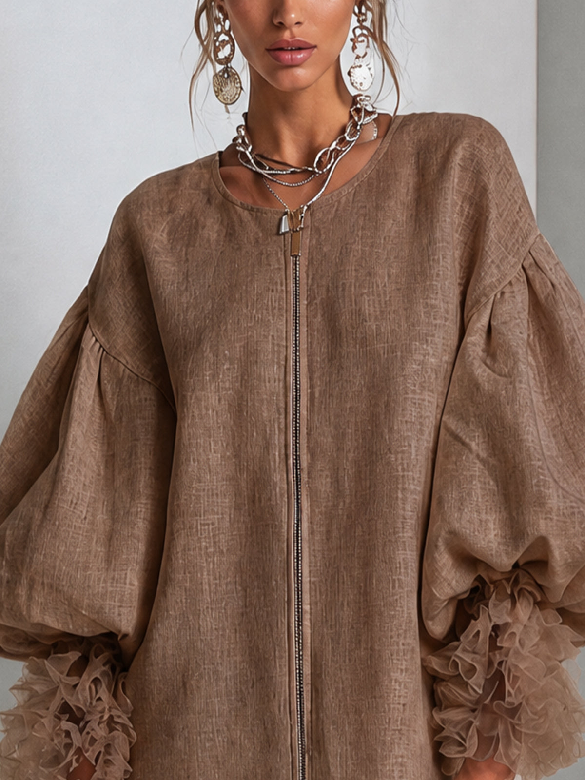 Rebecca Zip-Front Balloon Sleeve Mini Dress