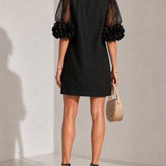 Persephone Floral-Cuff Puff-Sleeve Mini Dress with Sheer Sleeves