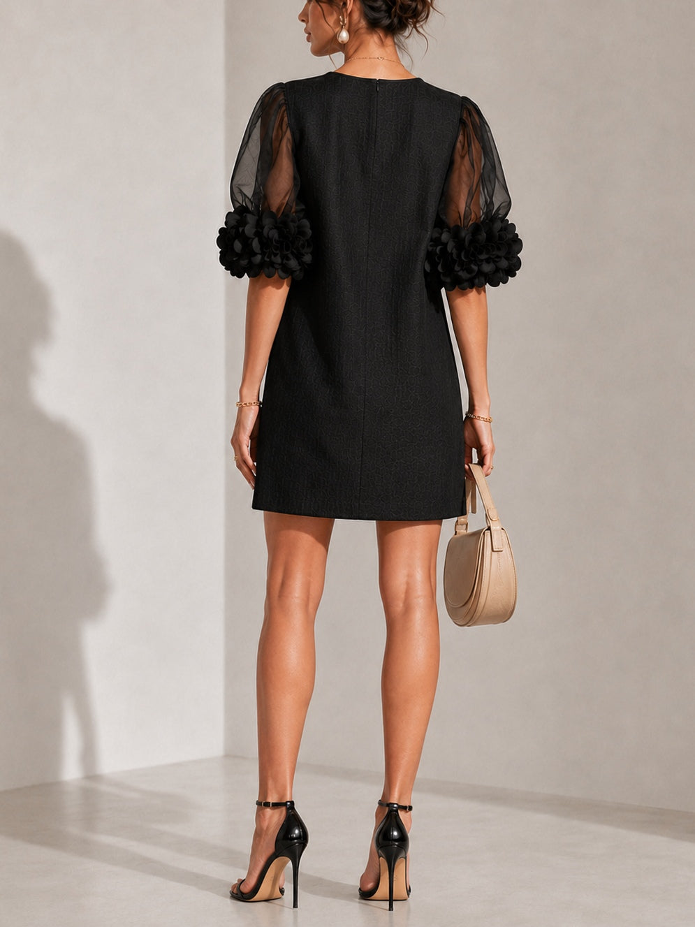 Persephone Floral-Cuff Puff-Sleeve Mini Dress with Sheer Sleeves