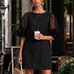 Persephone Floral-Cuff Puff-Sleeve Mini Dress with Sheer Sleeves