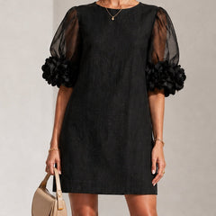 Persephone Floral-Cuff Puff-Sleeve Mini Dress with Sheer Sleeves