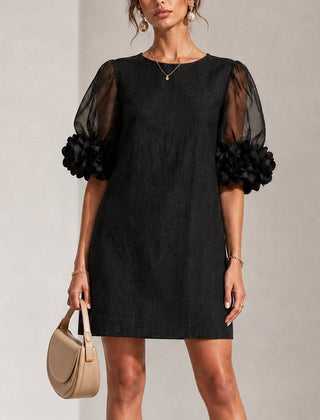 Persephone Floral-Cuff Puff-Sleeve Mini Dress with Sheer Sleeves
