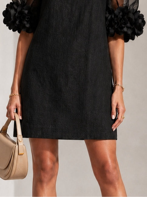 Persephone Floral-Cuff Puff-Sleeve Mini Dress with Sheer Sleeves