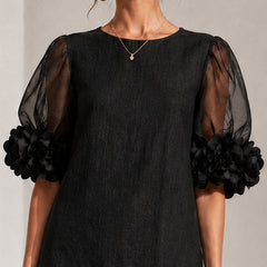 Persephone Floral-Cuff Puff-Sleeve Mini Dress with Sheer Sleeves