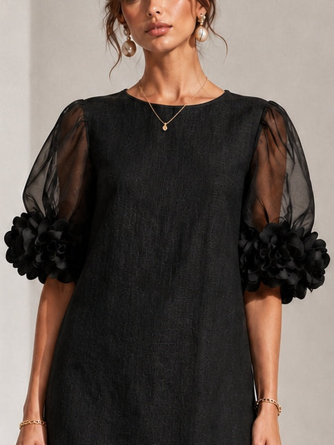 Persephone Floral-Cuff Puff-Sleeve Mini Dress with Sheer Sleeves