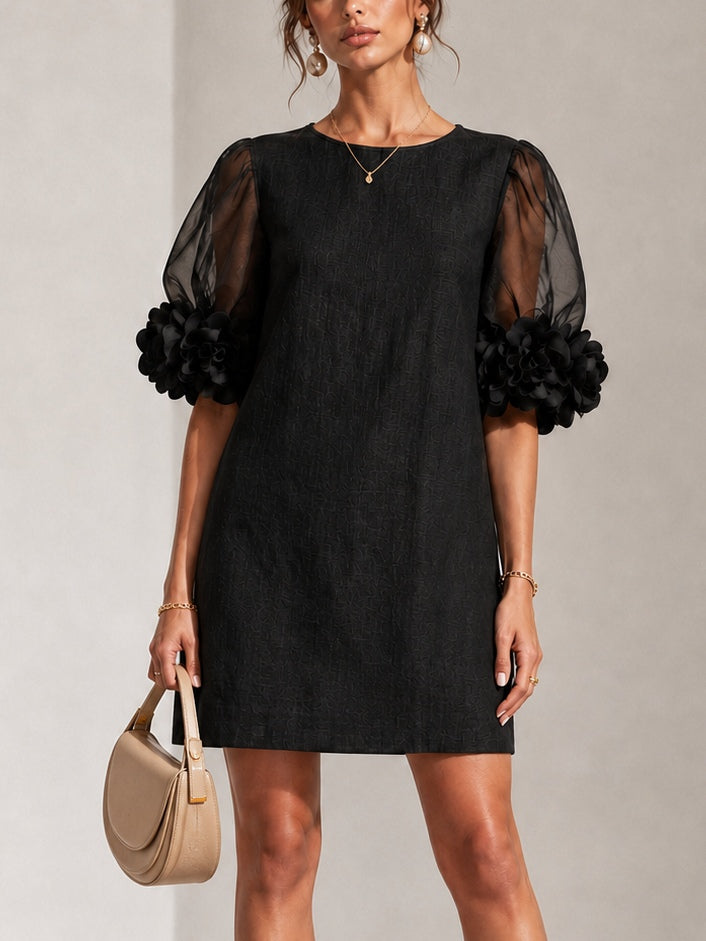 Persephone Floral-Cuff Puff-Sleeve Mini Dress with Sheer Sleeves