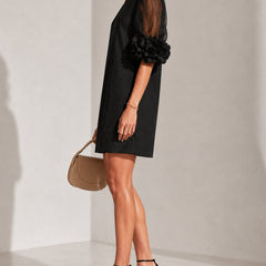 Persephone Floral-Cuff Puff-Sleeve Mini Dress with Sheer Sleeves