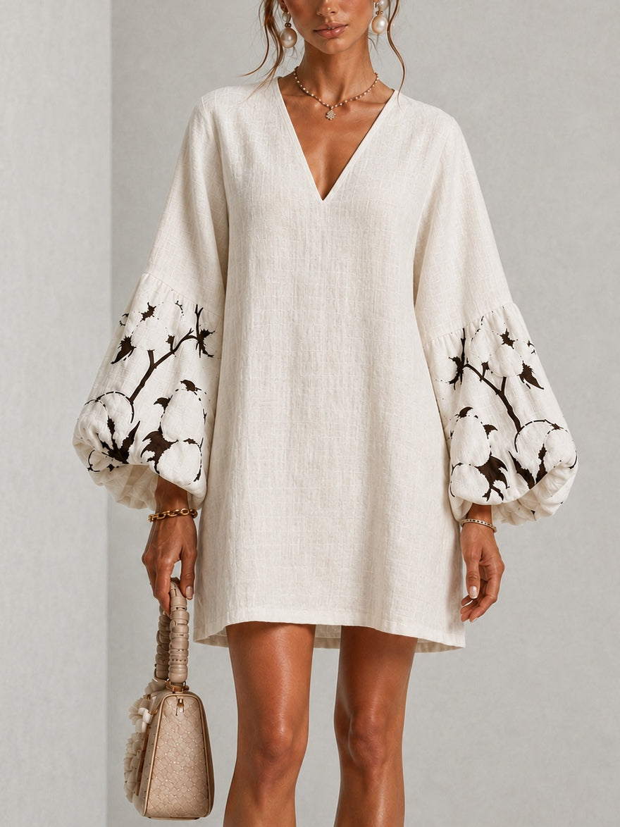 Waverly Puff-Sleeve Floral Mini Dress with V-Neckline