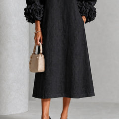 Adriana Floral-Cuff Midi Dress with Lantern Sleeves