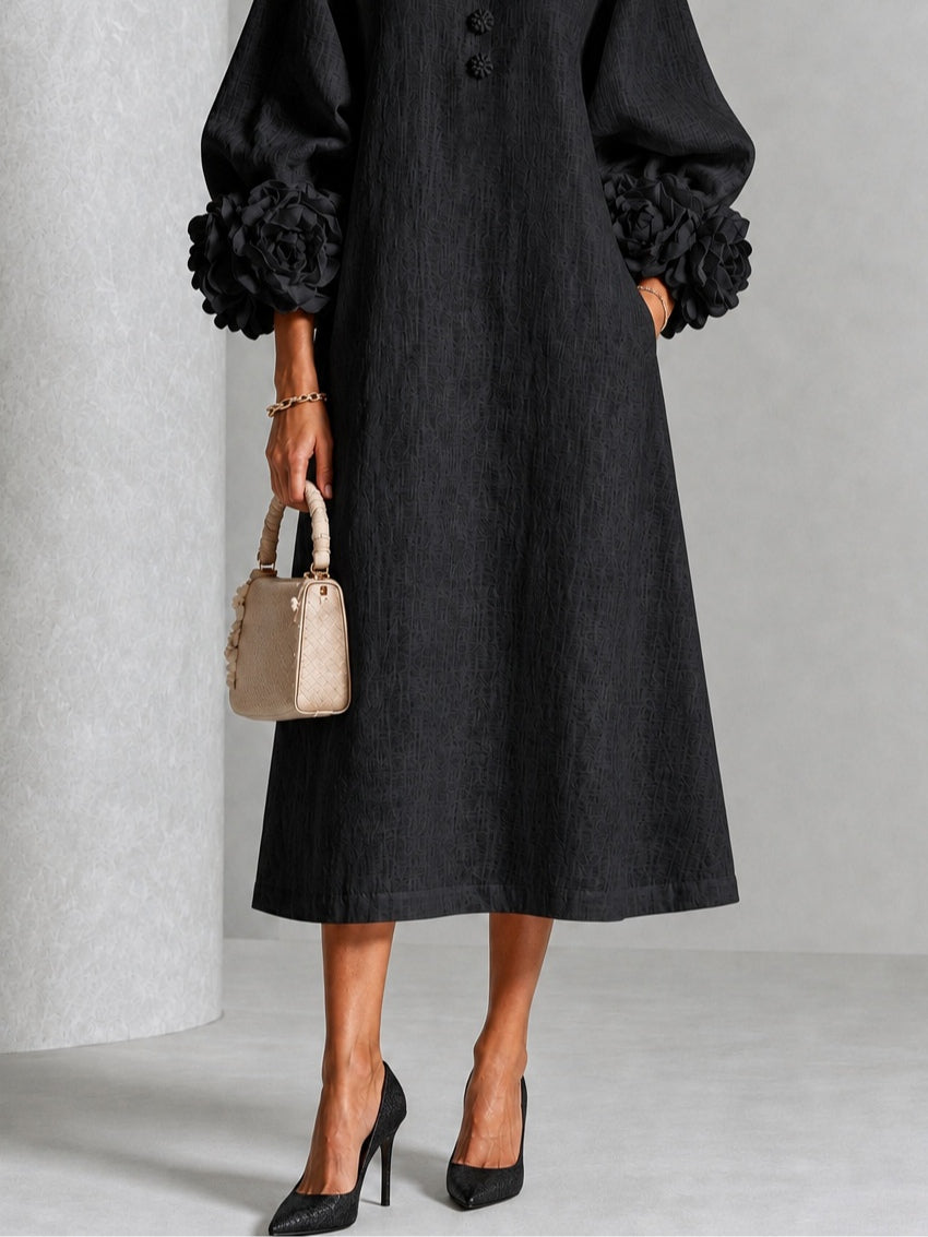 Adriana Floral-Cuff Midi Dress with Lantern Sleeves