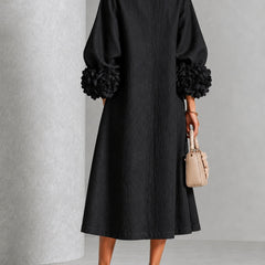 Adriana Floral-Cuff Midi Dress with Lantern Sleeves