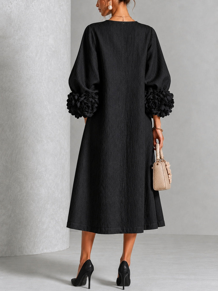 Adriana Floral-Cuff Midi Dress with Lantern Sleeves