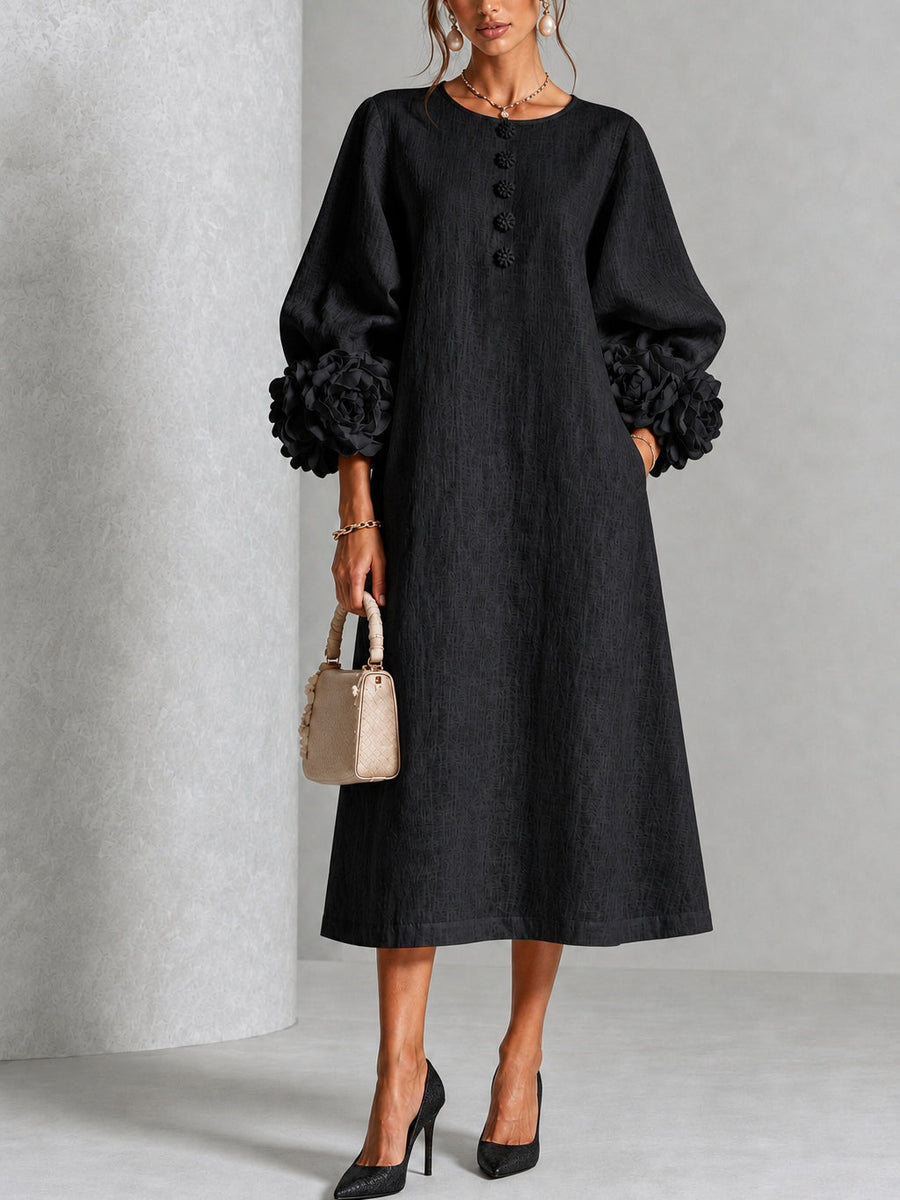 Adriana Floral-Cuff Midi Dress with Lantern Sleeves