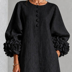 Adriana Floral-Cuff Midi Dress with Lantern Sleeves