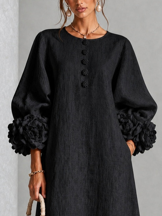 Adriana Floral-Cuff Midi Dress with Lantern Sleeves