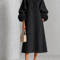 Adriana Floral-Cuff Midi Dress with Lantern Sleeves