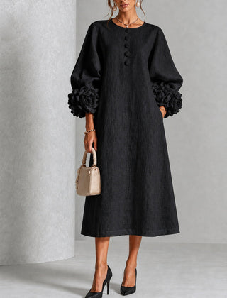 Adriana Floral-Cuff Midi Dress with Lantern Sleeves
