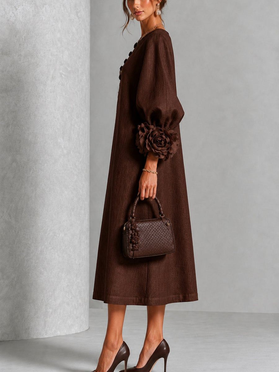 Beverly Rosette-Cuff Midi Dress, Flowing A-Line Midi Dress with Floral Sleeve Detail
