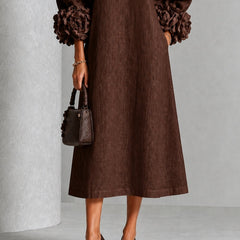 Beverly Rosette-Cuff Midi Dress, Flowing A-Line Midi Dress with Floral Sleeve Detail
