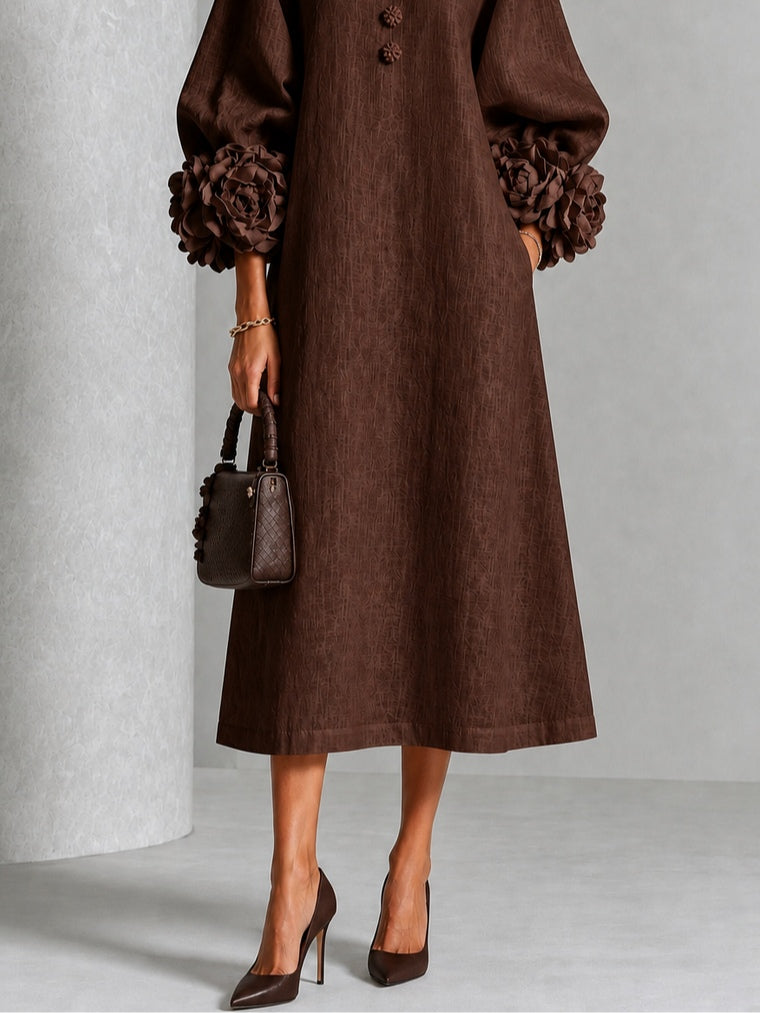 Beverly Rosette-Cuff Midi Dress, Flowing A-Line Midi Dress with Floral Sleeve Detail