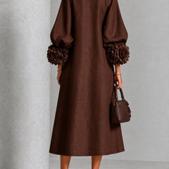 Beverly Rosette-Cuff Midi Dress, Flowing A-Line Midi Dress with Floral Sleeve Detail