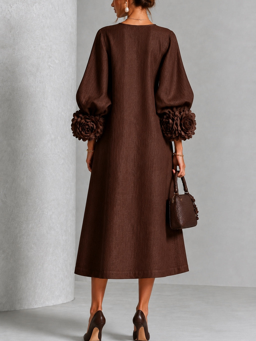 Beverly Rosette-Cuff Midi Dress, Flowing A-Line Midi Dress with Floral Sleeve Detail