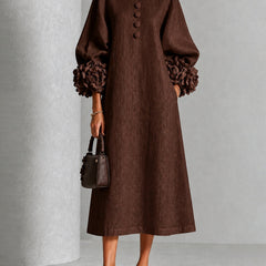 Beverly Rosette-Cuff Midi Dress, Flowing A-Line Midi Dress with Floral Sleeve Detail