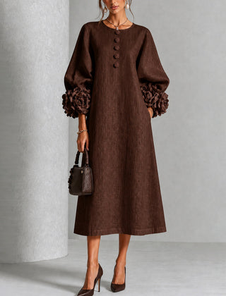 Beverly Rosette-Cuff Midi Dress, Flowing A-Line Midi Dress with Floral Sleeve Detail