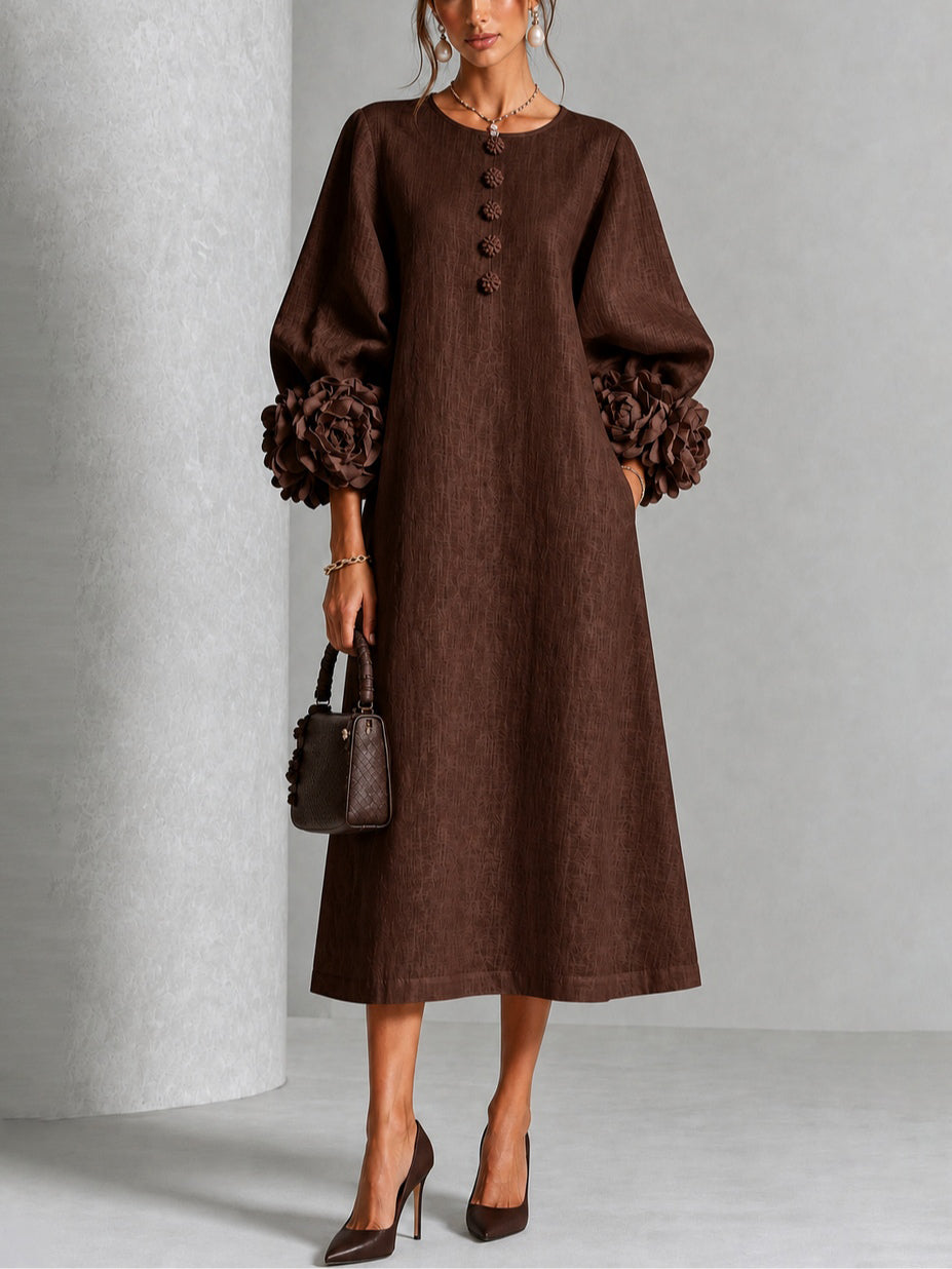 Beverly Rosette-Cuff Midi Dress, Flowing A-Line Midi Dress with Floral Sleeve Detail